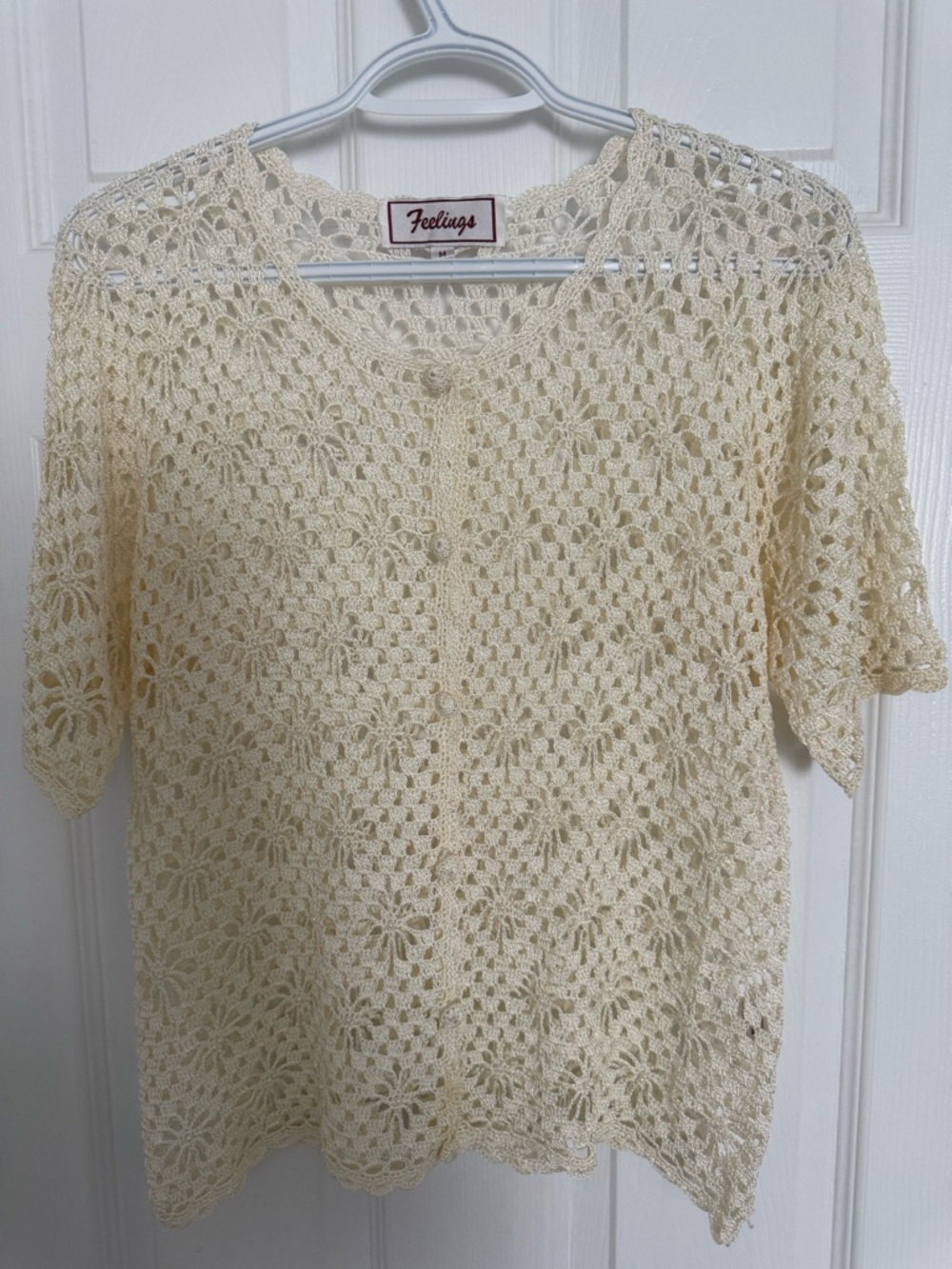 Crochet Cream Cardigan 100% Viscose Embroidered with Pearls M